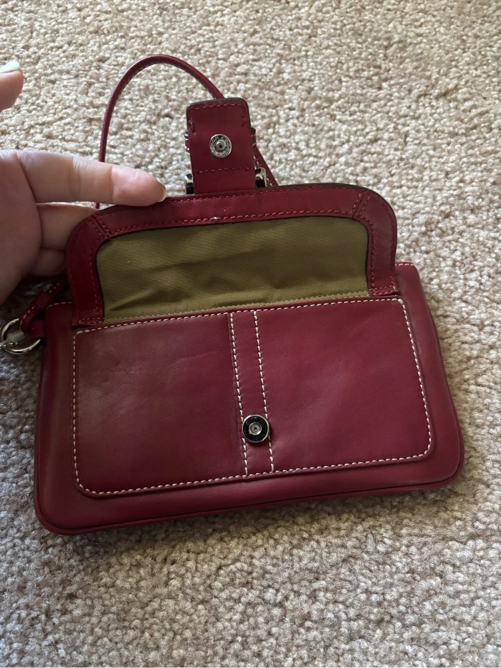 Coach Wine Red Leather Wristlet with Front Buckle Pocket